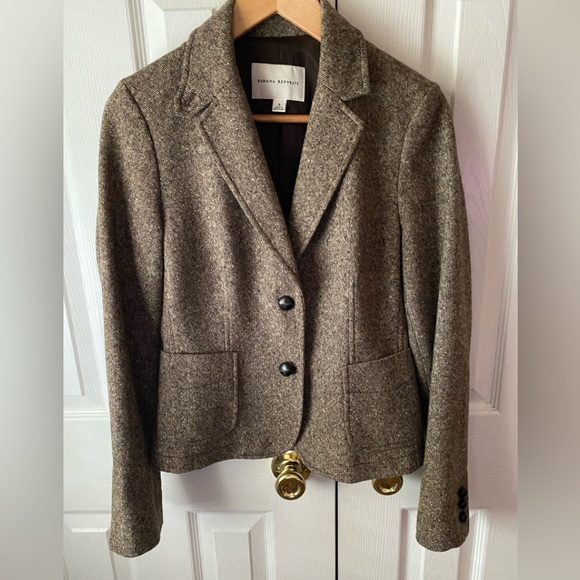 VINTAGE BANANA REPUBLIC Brown Wool Blend Tweed Classic Fall Blazer SZ 8 - Picture 1 of 9